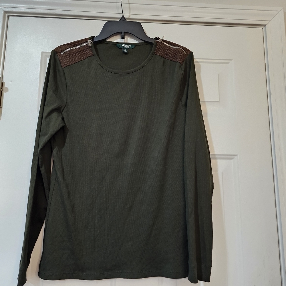 Lauren Ralph Lauren Knit Top with Zipper and Textured Shoulder Old Money Size XL